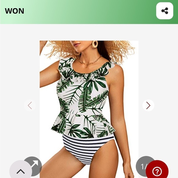 NWT Palm Leaf Ruffled Peplum Tankini Swimsuit with High Waisted Striped Bottoms - Picture 3 of 9
